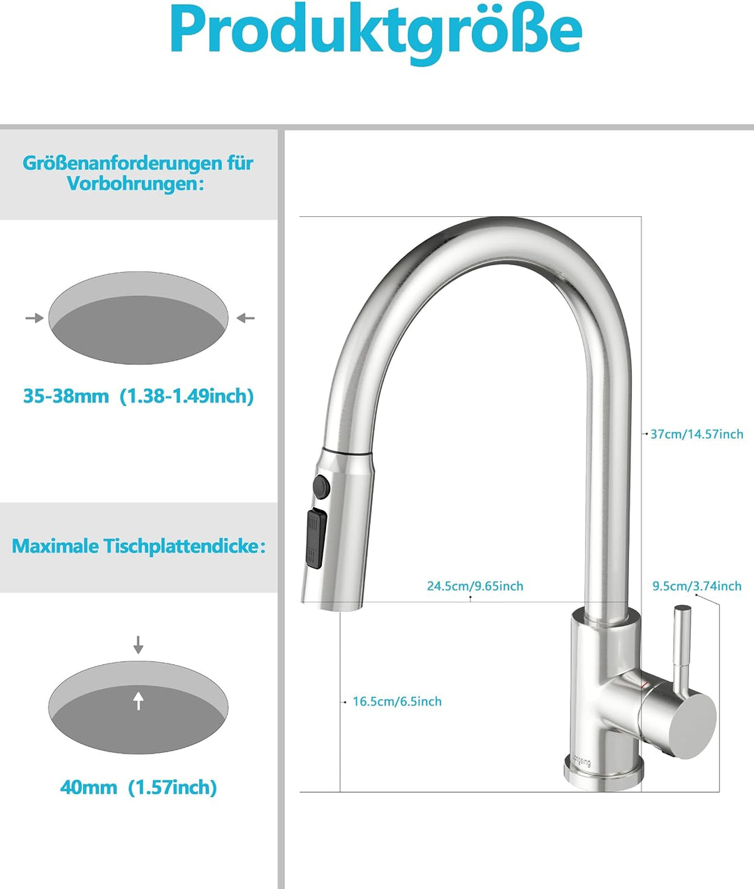 Wasserhahn Küche, Hochdruck Küchenarmatur mit Brause | 304 Edelstahl Küchenarmatur Ausziehbar, Armat