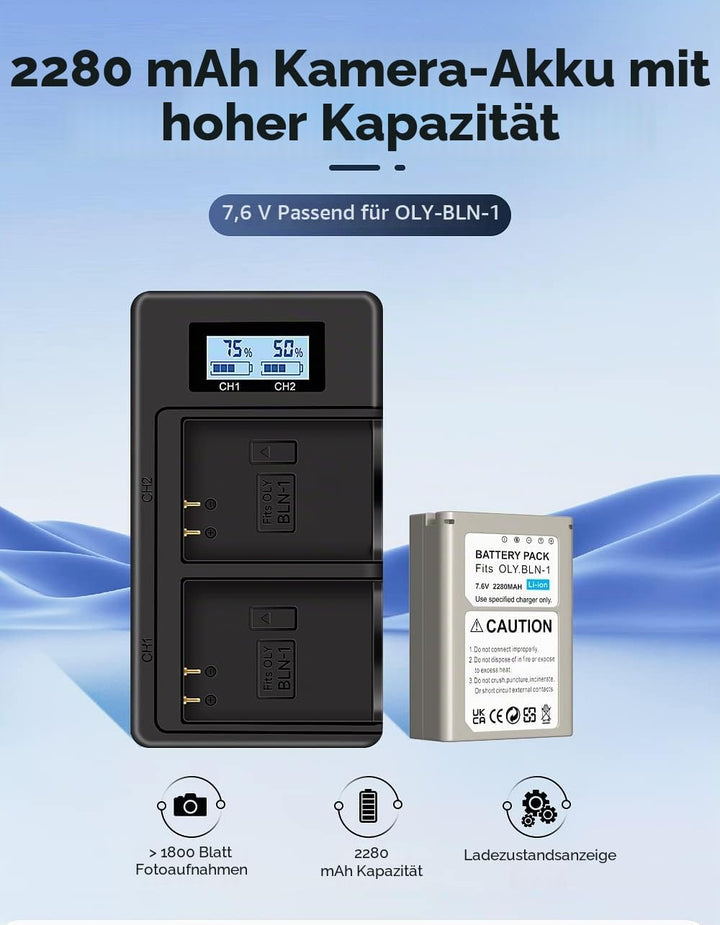 CITYORK Ersatz Akku BLN-1 (2er Pack) und Schnell Doppel LCD Akku Ladegerät für Olympus BLN-1 OM-D E-
