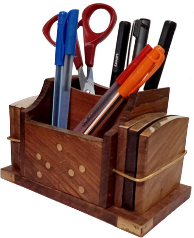 Purpledip Schreibtisch-Organizer aus Holz, Besteck-Halter, Set mit 6 Untersetzern (12303)