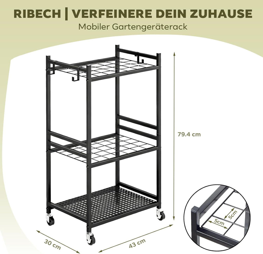 Garten-Werkzeugständer mit Rollen, 35 Gerätehalter, 3 Ebenen Metallregal, 43 x 30 x 79,4 cm, Schwarz