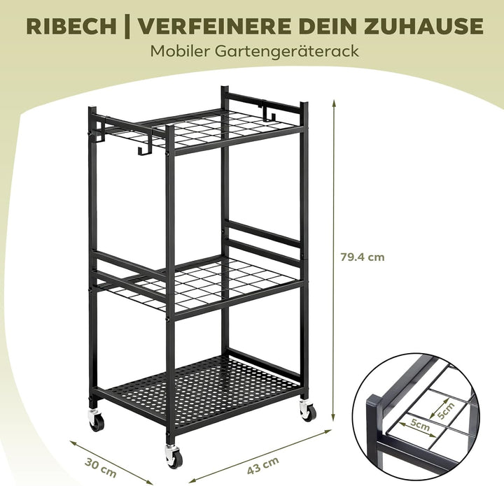 Garten-Werkzeugständer mit Rollen, 35 Gerätehalter, 3 Ebenen Metallregal, 43 x 30 x 79,4 cm, Schwarz