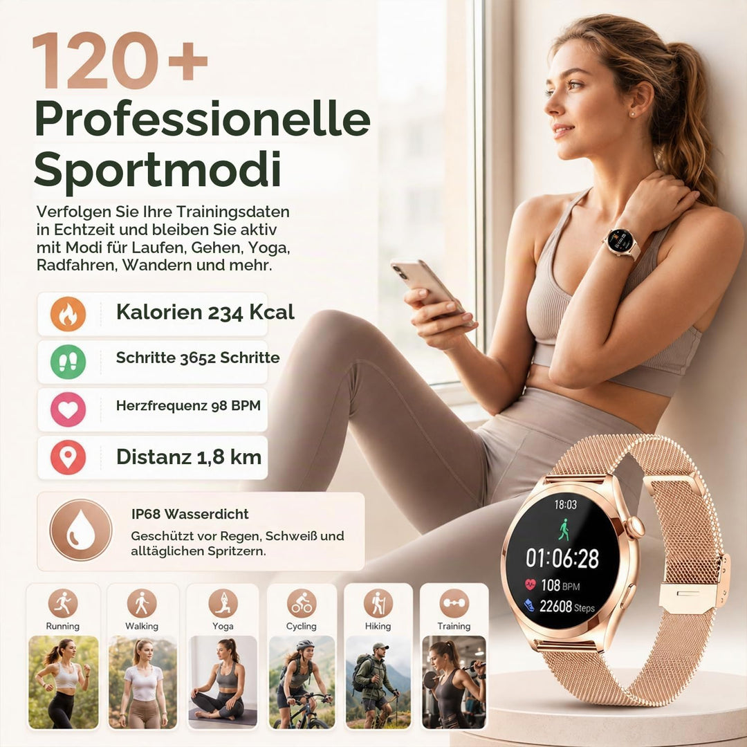 Smartwatch Damen mit Telefonfunktion, 1,27" HD Fitnessuhr mit 110+ Sportmodi, Herzfrequenz Schlafmon
