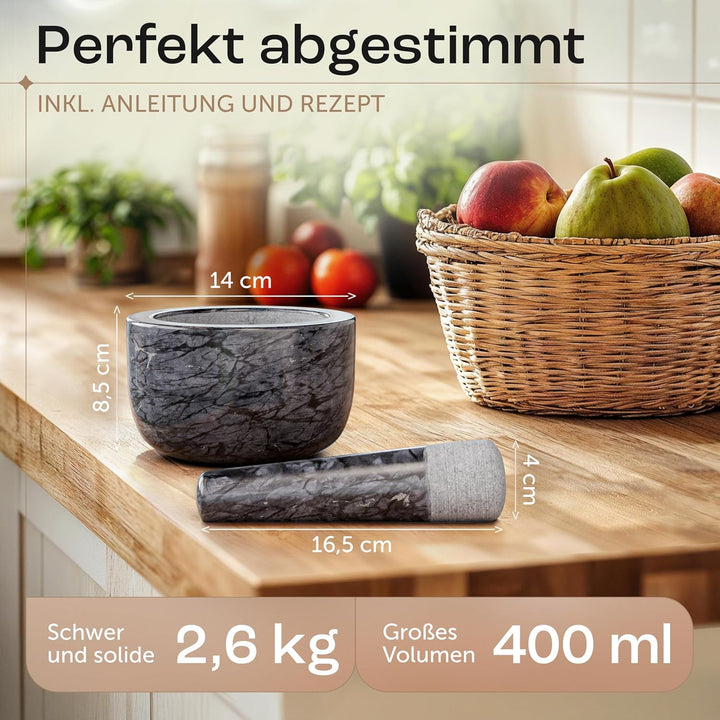 madeco - Edler Marmor Mörser mit Stössel Ø 14 cm - Perfekt geeignet für Gewürze, Kräuter & Nüsse - S