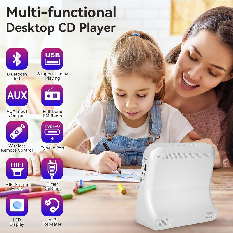 Qoosea Desktop CD Player Bluetooth CD-Spieler mit Lautsprechern für Zuhause Tragbarer CD-Player mit