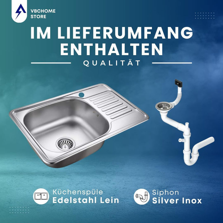 VBChome Einbauspüle 66x42 Leinenstruktur Edelstahl Küchenspüle Spüle Ablagefläche Abtropffläche Rech