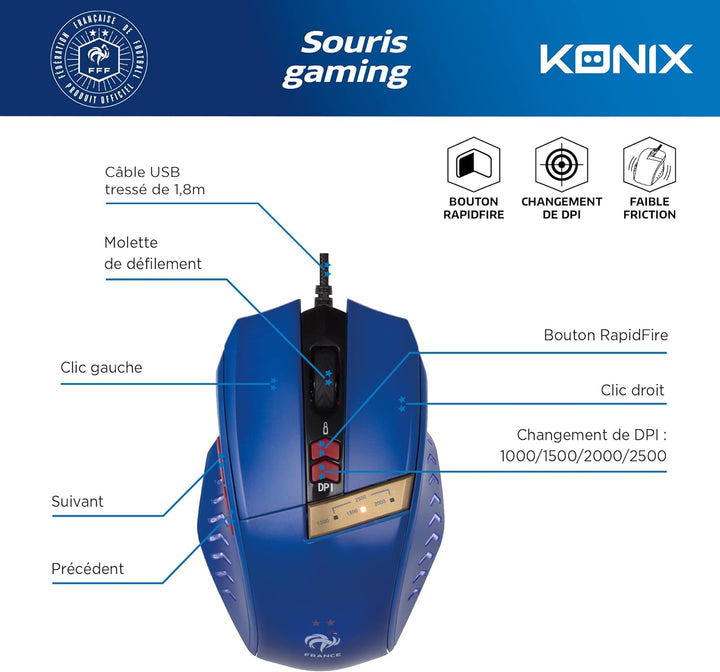 Konix FFF Gaming-Maus für PC - LED-DPI-Anzeige - Fensterwechsel-Taste - USB-Verbindung - 1,8 m Kabel