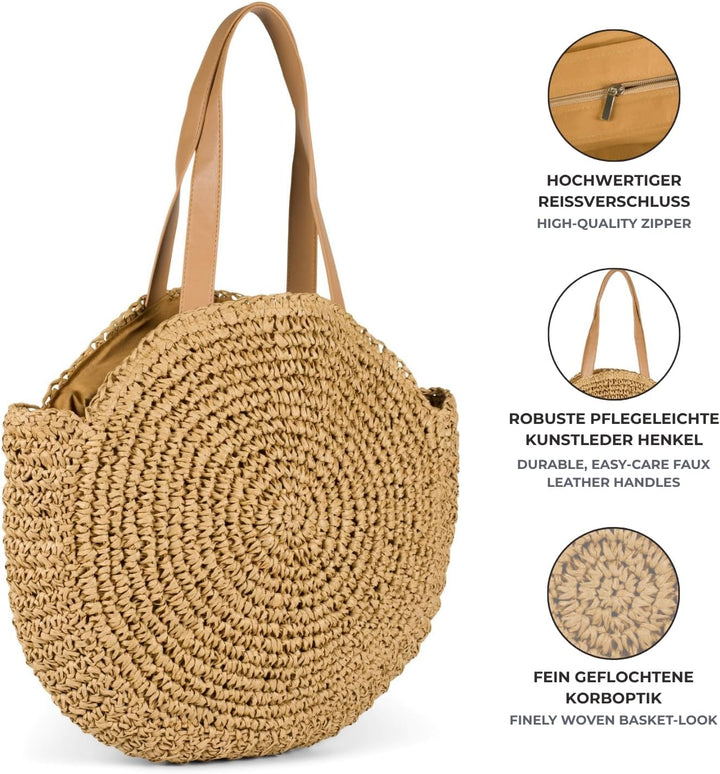 styleBREAKER runde Korbflecht Schultertasche, Strandtasche mit langen Henkeln, Flechttasche, Tasche
