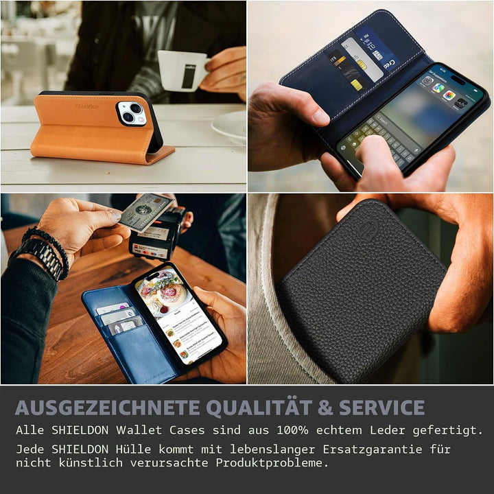 SHIELDON Hülle für iPhone 15 Plus, 5G Handyhülle [Echtleder] [Kartenfach] [Magnet] [Standfunktion] [