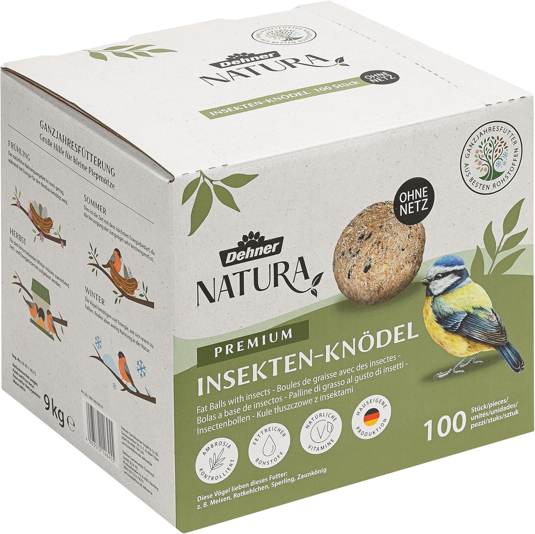 Dehner Natura Wildvogelfutter, Meisenknödel, Insekten-Knödel, ohne Netz, 100 Stück je 90 Gramm (9 kg