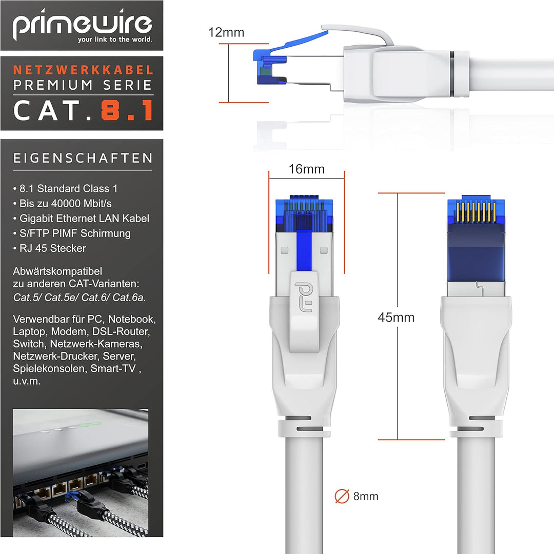 Primewire - CAT 8 Netzwerkkabel 10m - LAN Kabel Patchkabel Datenkabel - CAT8.1 High Speed Gigabit Et