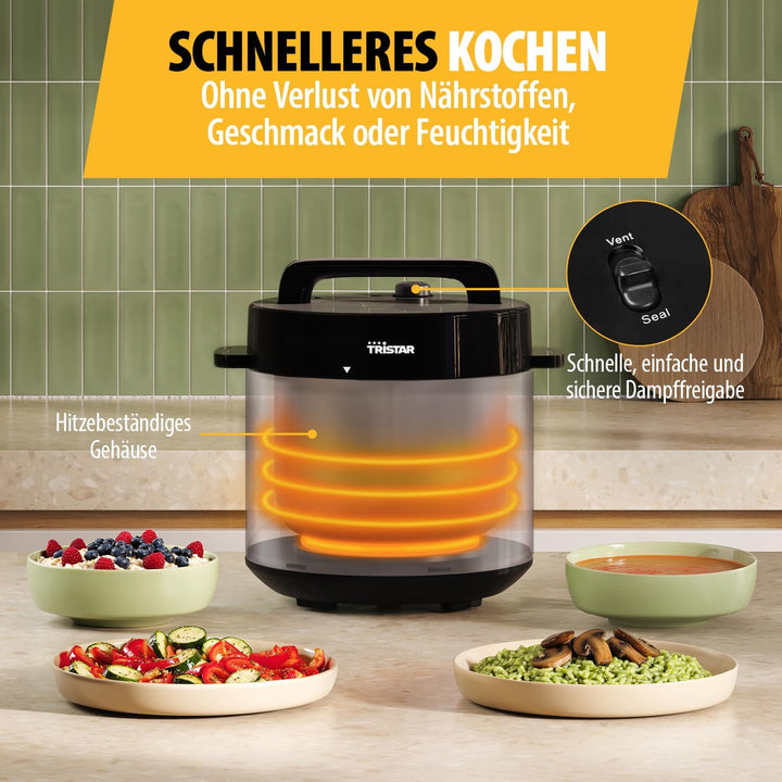 Tristar Elektrischer Schnellkochtopf, 6 l Fassungsvermögen, 1000 W Leistung, Mehrstufige Sicherheits