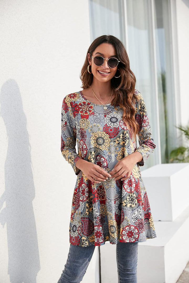 Enmain Damen Tunika Shirt Langarm/Kurzarm Bluse mit Blumen Longshirt Casual Elegante 3/4 Ärmel Rundh