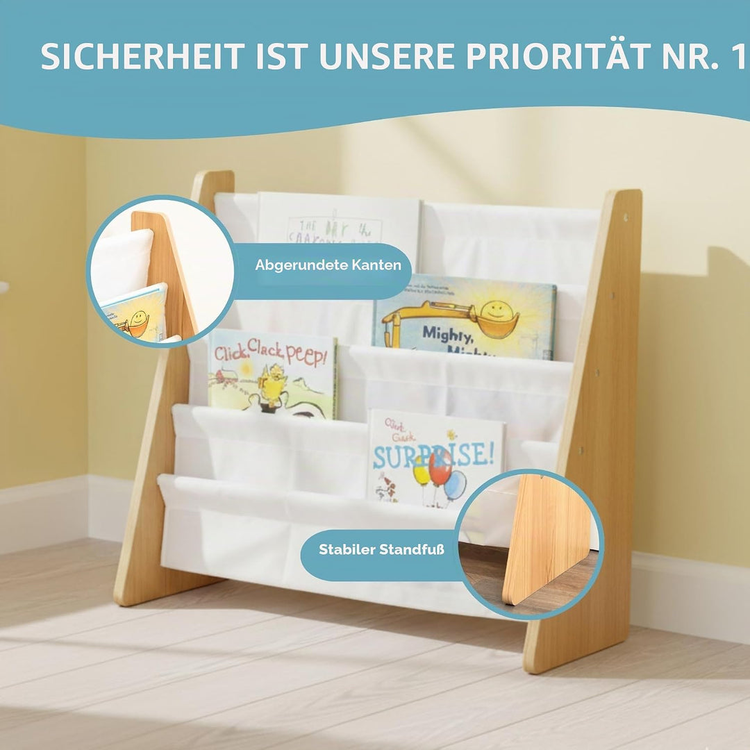 Tot Tutors Crew Kinder-Bücherregal Aus Holz mit 4 Taschen, Naturfarben und Weiss WO173 Natural White