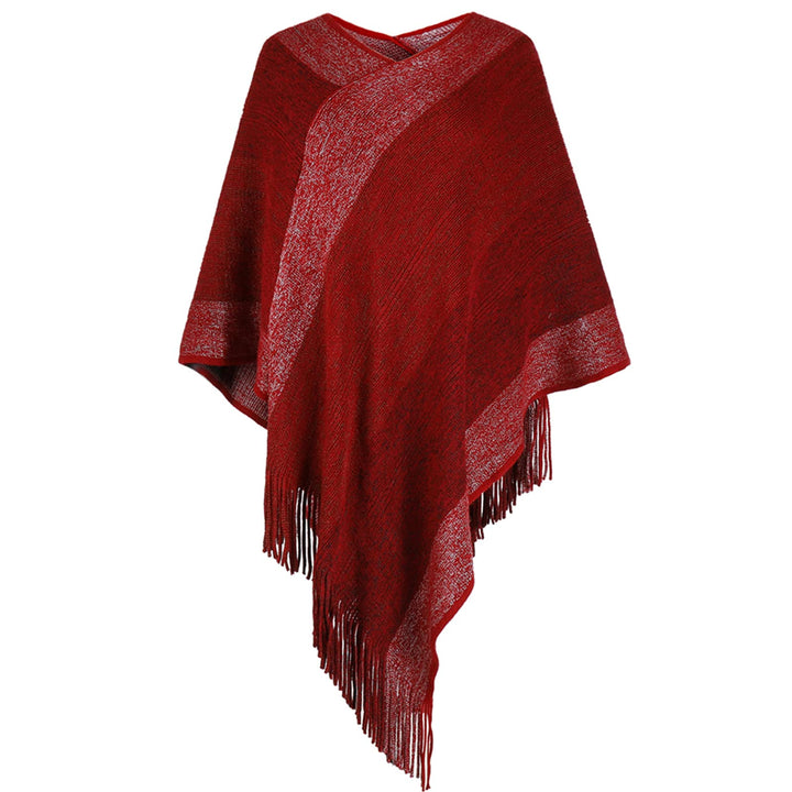 Damen-Poncho-Pullover, V-Ausschnitt, gestreift, Strickschal, Cape, Pullover mit Fransen, S-L Burgund