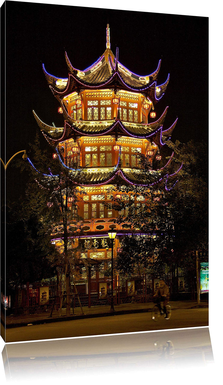 Dark grossartiges chinesisches Gebäude Leinwand, XXL riesige Bilder fertig gerahmt mit Keilrahmen, K