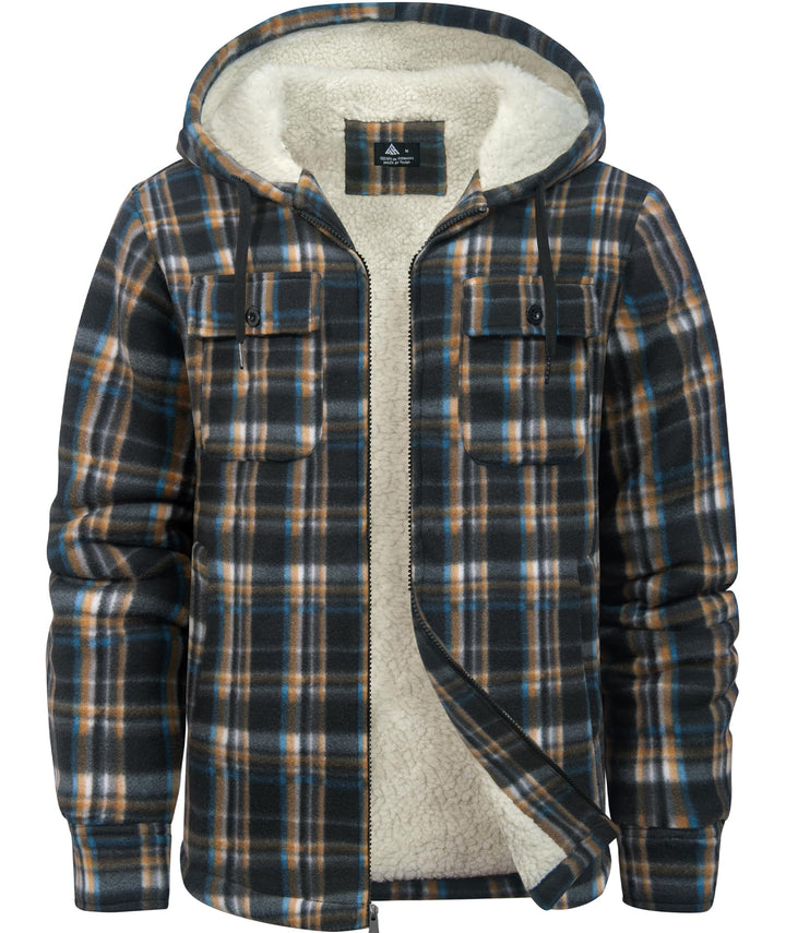 zitysport Hemdjacke Herren Hemd Sherpa Fleece Kariert Gefüttert Kapuzenpullover Fleecefutter Mantel