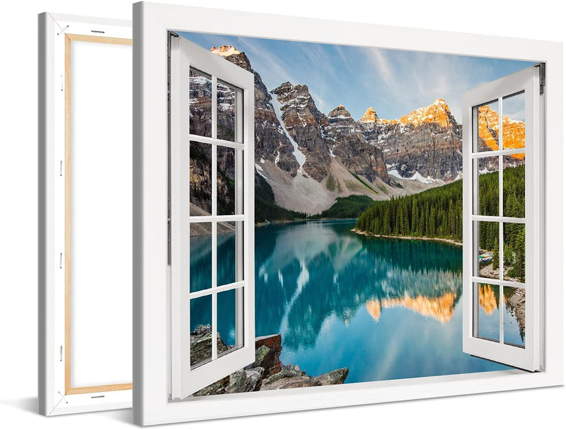 PICANOVA – Bild auf Leinwand Bergsee Moraine Fenster 100x75cm Leinwandbild – Premium Leinwanddruck –