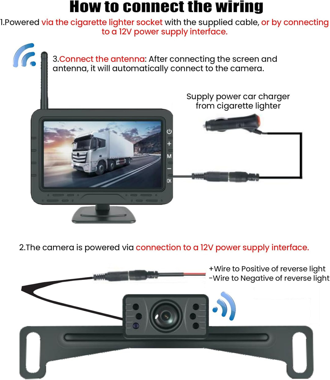 CAMECHO HD Rarückfahrkamera kabellos 4,3 Zoll Wireless-Übertragung, IP68-Wasserdichtigkeit, Infrarot