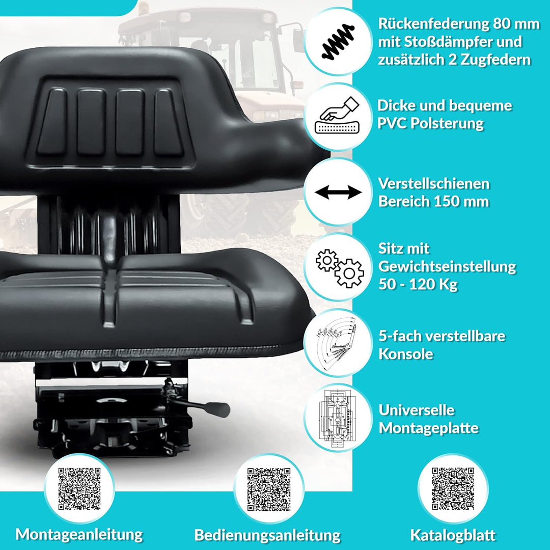 Schleppersitz Traktorsitz Universalsitz Trecker Sitz Oldtimer gefedert KS 44/2V PVC Schwarz neigungs
