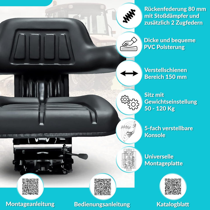 Schleppersitz Traktorsitz Universalsitz Trecker Sitz Oldtimer gefedert KS 44/2V PVC Schwarz neigungs