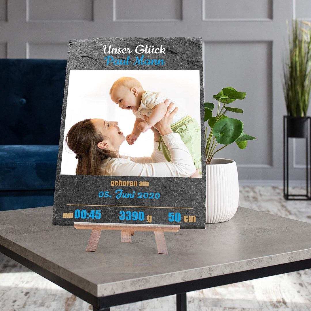 wandmotiv24 Schieferplatte mit eigenem Foto zur Geburt, 20 x 30 cm, inklusive Staffelei, Babyfoto, G