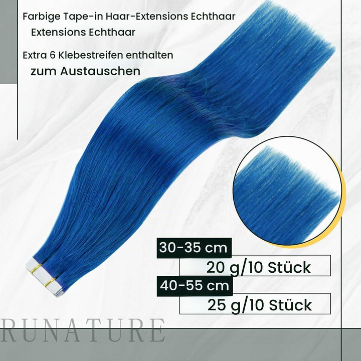 RUNATURE Echthaar Extensions Tape Blau 35cm Echte Haare 10 Stück Unsichtbare Tape Extensions Echthaa