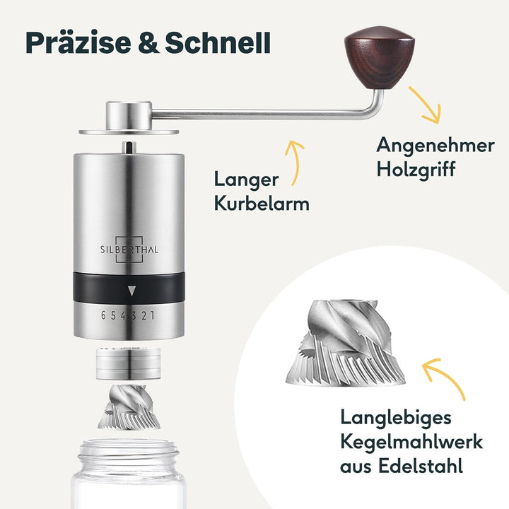 SILBERTHAL Handkaffeemühle manuell mit einstellbaren Mahlgraden & luftdichter Kaffeedose 500g aus Ed