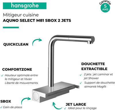 hansgrohe Küchenarmatur Aquno Select M81 (Wasserhahn Küche mit Schlauchbox und Abtropfsieb, 150° sch