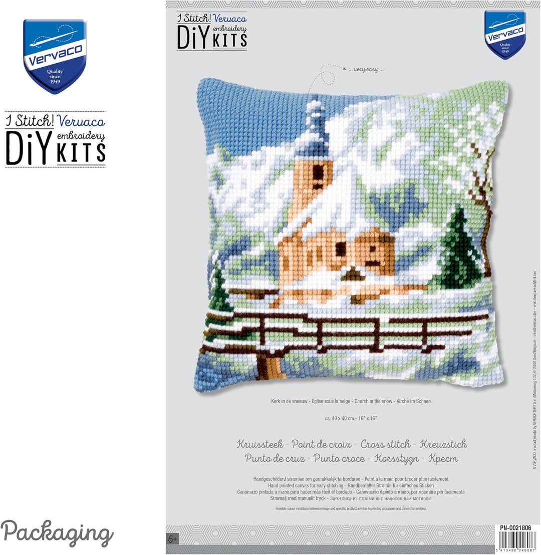 Vervaco Kirche im Schnee Kreuzstichkissen/Stickkissen vorgedruckt, Baumwolle, Mehrfarbig, 40 x 40 x