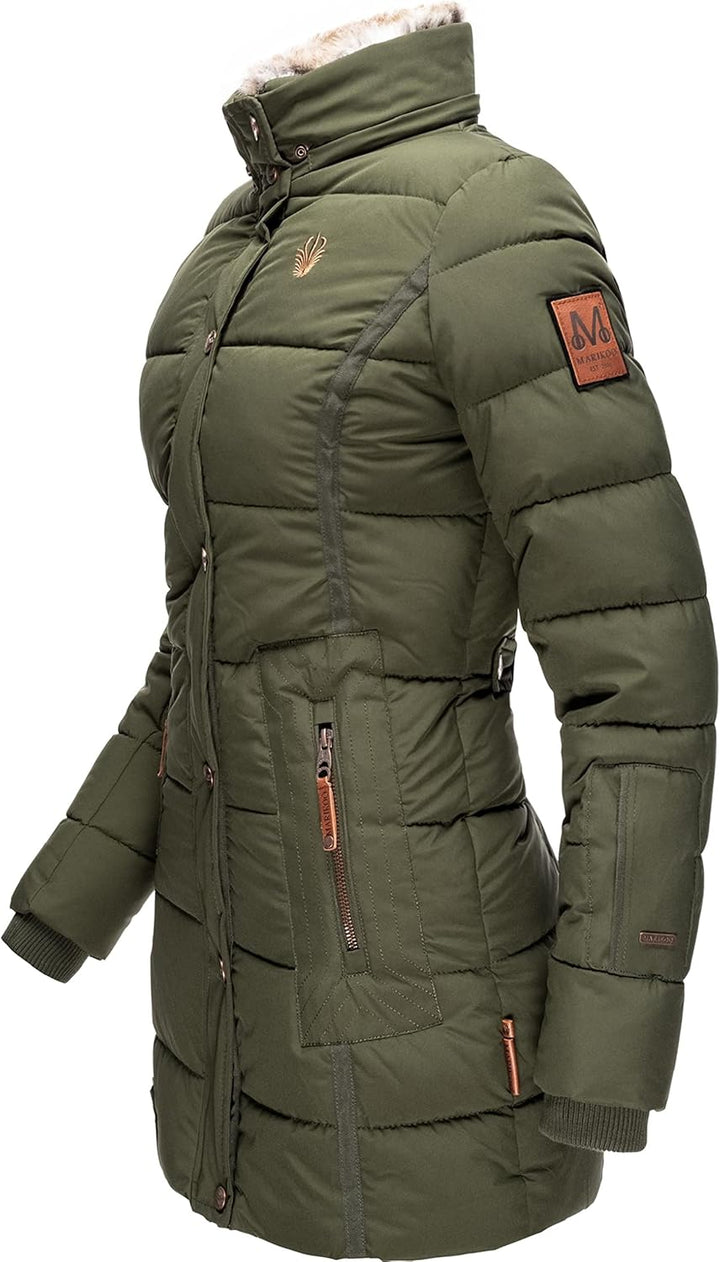 MARIKOO Damen Warmer Winter Steppmantel mit Kapuze Lieblings Jacke XS-XXL XS Olive, XS Olive