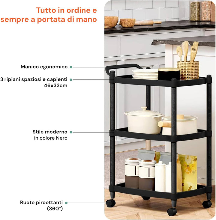 Wintem Platzsparender Rollwagen aus PP-Kunststoff, schwarz, 46 x 33 x 74 cm, 4 drehbare Rollen und e
