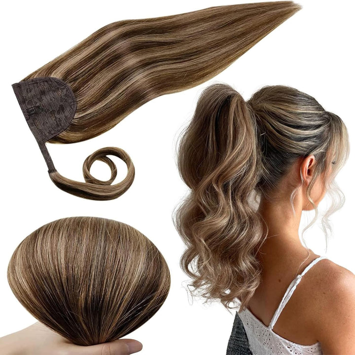 RUNATURE Zopf Extensions Echthaar Braun mit Blond Haarverlängerung Zopf Echthaar Braun Glatt Ponytai