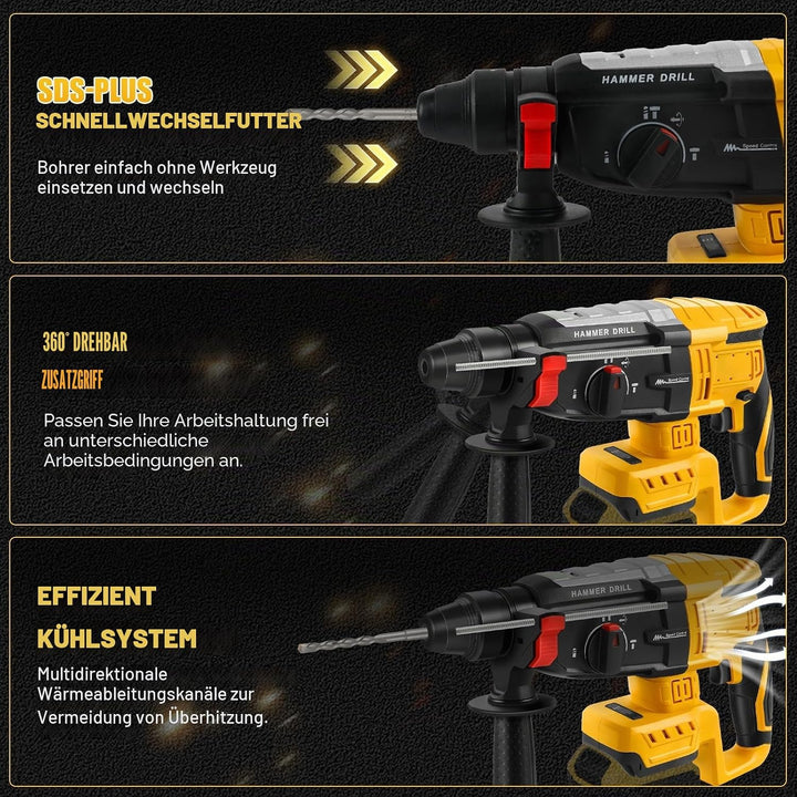 Roadtime Professional Bohrhammer 600W kompatibel mit DeWalt 20V Akku(ohne Akku),Abbruchhammer Geschw