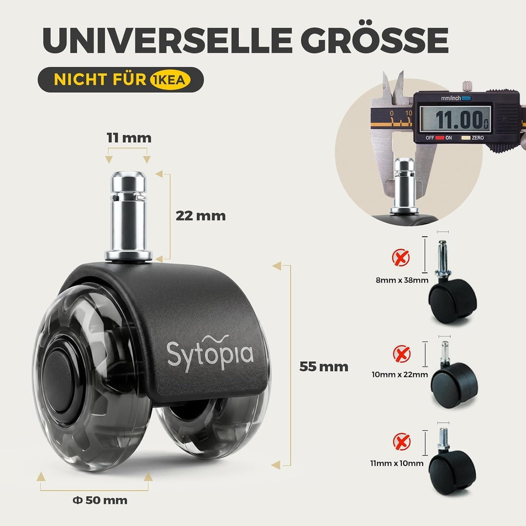Sytopia Bürostuhl Rollen 11mm x 22 mm, 5er Set Rollen für Bürostühle, Super Leise und Weiche für Har