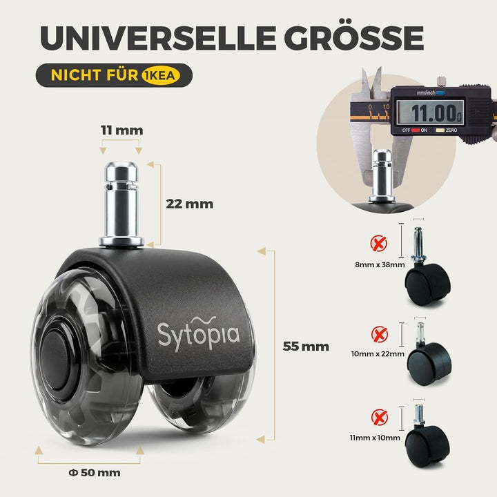 Sytopia Bürostuhl Rollen 11mm x 22 mm, 5er Set Rollen für Bürostühle, Super Leise und Weiche für Har