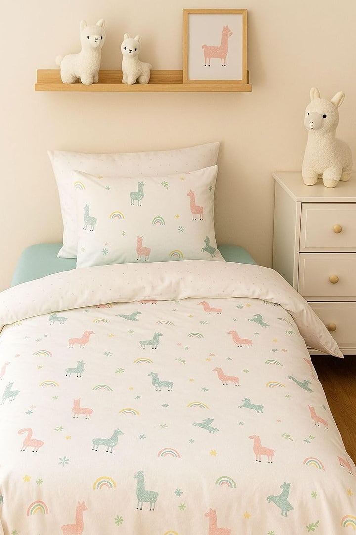 Soma Perkal Baby Wende Bettwäsche 100x135 cm Alpaka Lama Regenbogen weiss bunt Set inklusive passend
