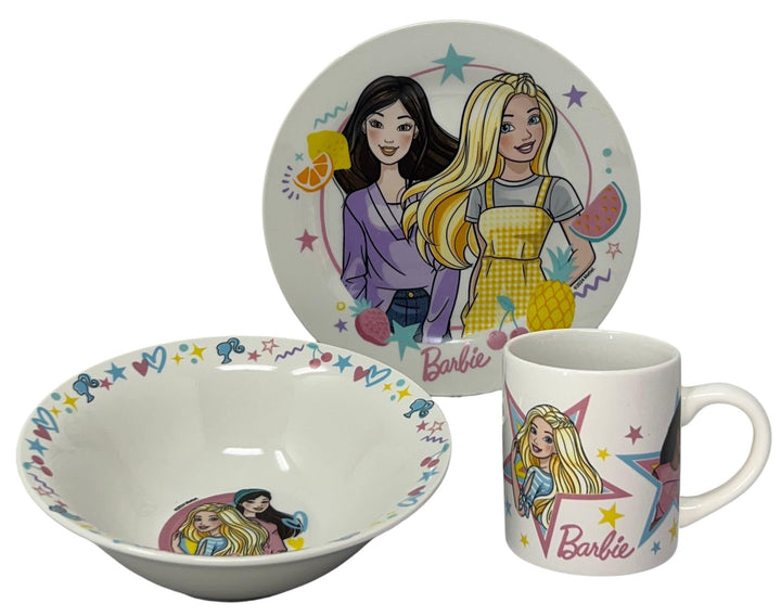 CARTOON Set 3-teilig aus Keramik Barbie Tasse Müslischale Teller Kindergeschirr Tischservice im Set,