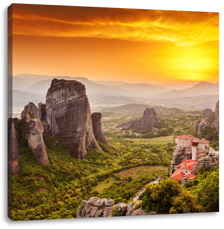 Häuser auf Felsen, Format: 70x70 auf Leinwand, XXL riesige Bilder fertig gerahmt mit Keilrahmen, Kun