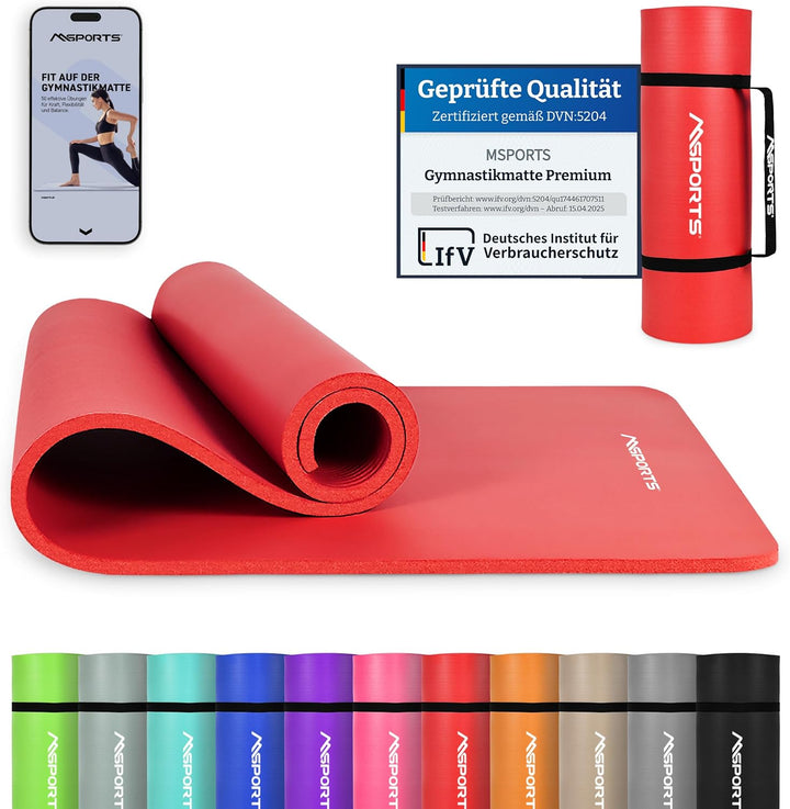 MSPORTS Gymnastikmatte Premium inkl. Tragegurt + Übungsposter + Workout App I Hautfreundliche Fitnes