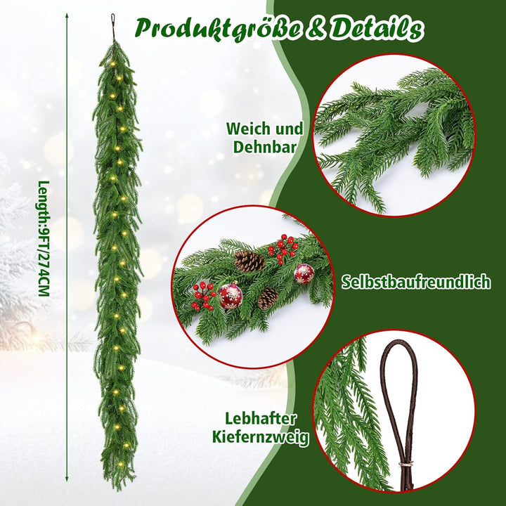 Weihnachtsgirlande mit Beleuchtung 2.7m 30 Warmweiss LEDs - Tannengirlande Premium Weihnachtsdeko fü