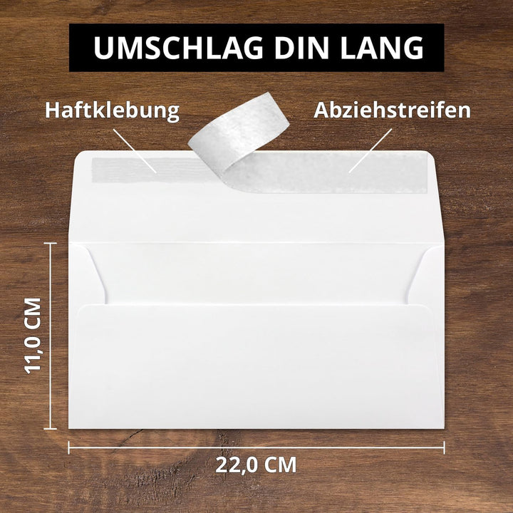 150 Brief-Umschläge DIN Lang - Hochweiss/Kristallweiss - 100 g/m² - 11 x 22 cm - sehr formstabil - H