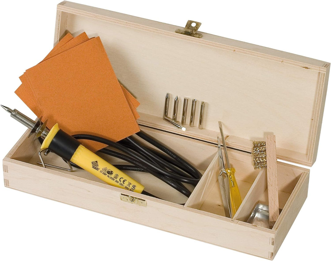 Pebaro 0285 Brandmal Bastel Set in schöner Holzbox: Brandmalkolben, 3 Brennspitzen, 5 Brennstempel,