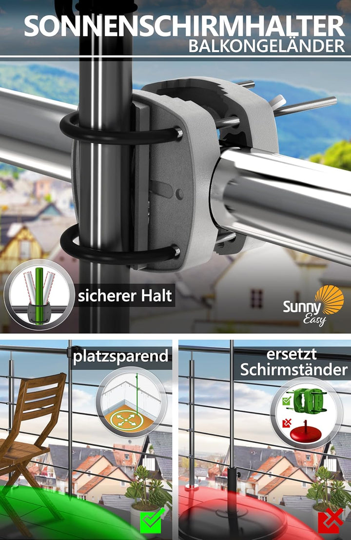 4smile SunnyJoy Sonnenschirm Balkon + Sonnenschirmhalter Balkongeländer + Sonnenschirm Schutzhülle -