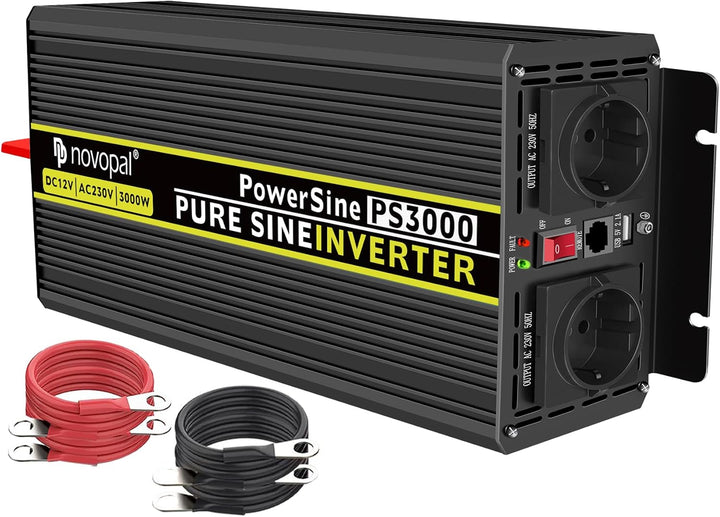 NOVOPAL 3000W Wechselrichter 12v Auf 230v Reiner Sinus Spannungswandler mit 2 EU-Steckdose und Einer