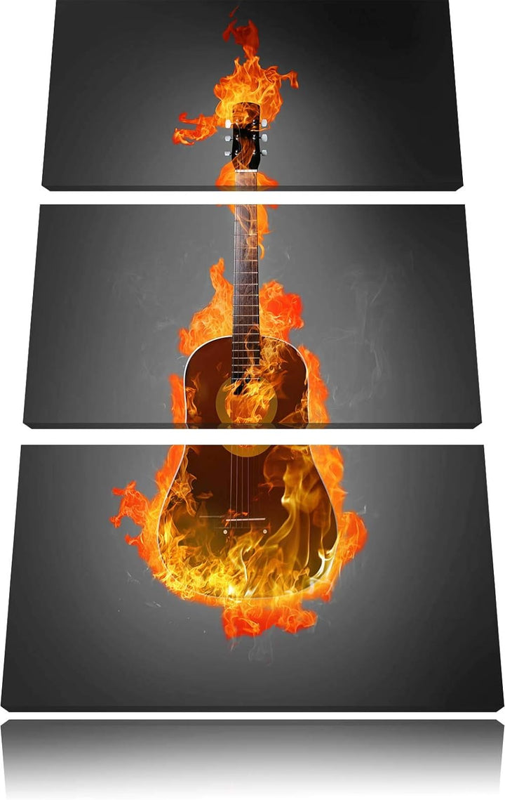 Pixxprint Brennende Gitarre Heisse Flammen als Leinwandbild | Grösse: 3 Teilig (120x80) | Wandbild|