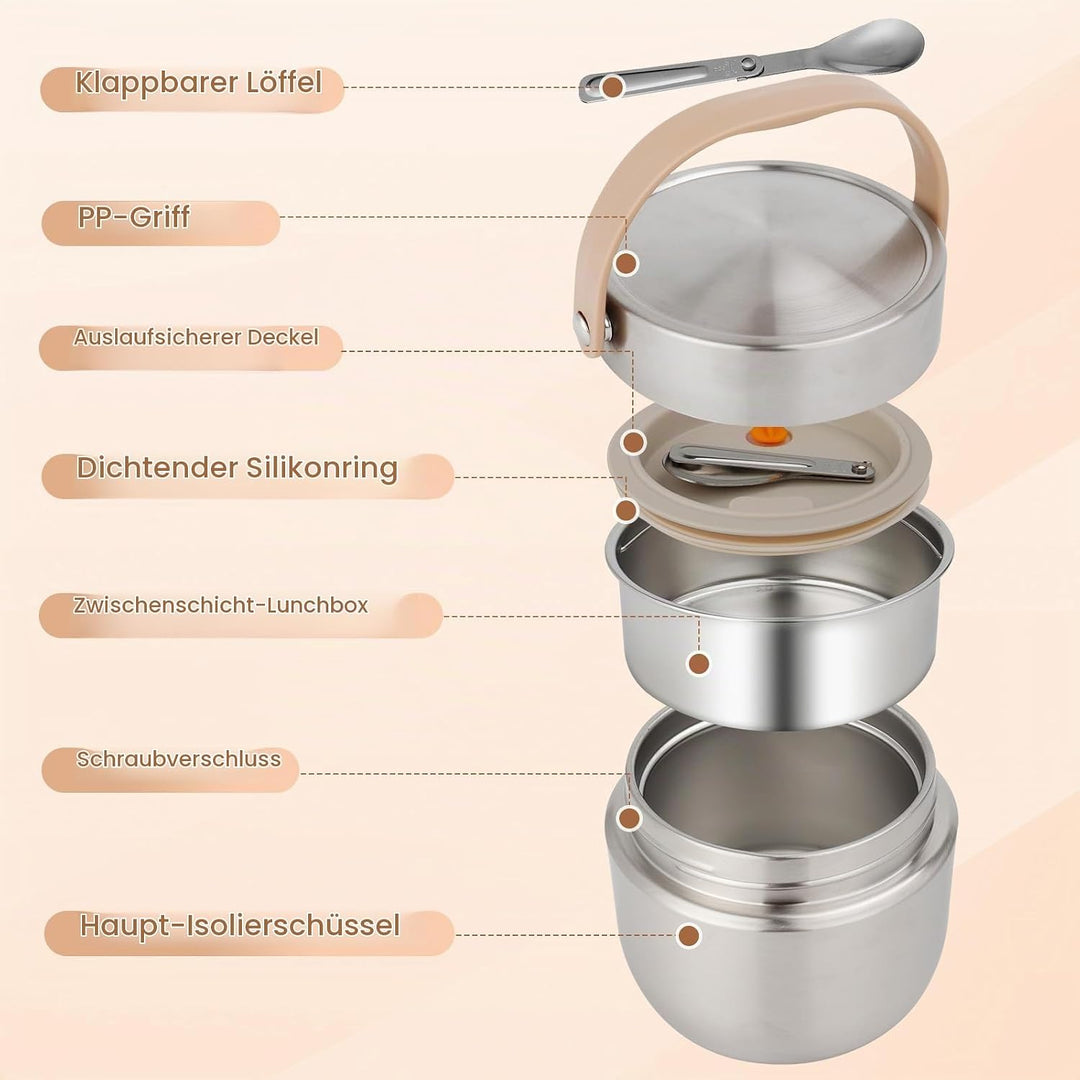Thermobehälter für Essen 1200ml, Essensbehälter, Silber, Silber