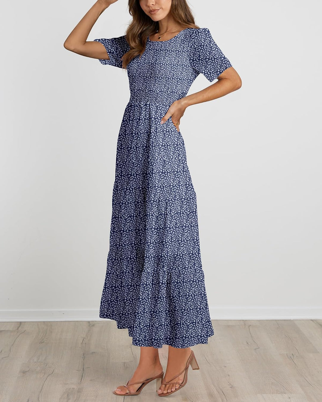BTFBM Lässiges Sommerkleid für Damen, kurzärmelig, mit Rundhalsausschnitt, Boho-Stil, mit Blumendruc