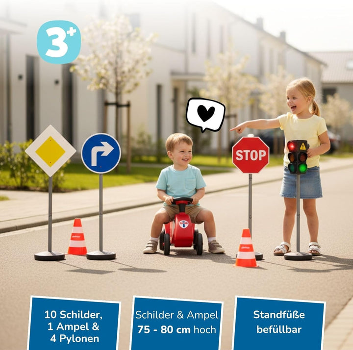 alldoro 60230 XXL-Verkehrsset mit Ampel, 10 Verkehrszeichen und 4 Pylonen für Kinder, zum Spielen un