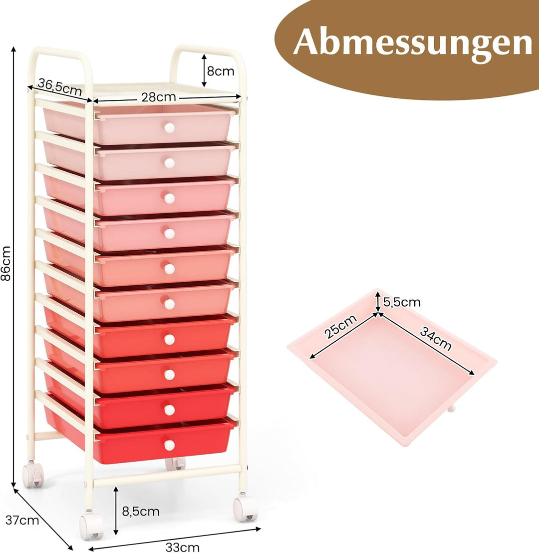 COSTWAY Rollwagen mit Schubladen Rollcontainer Badrollwagen Badtrolley Badregal Beistellwagen mit 10