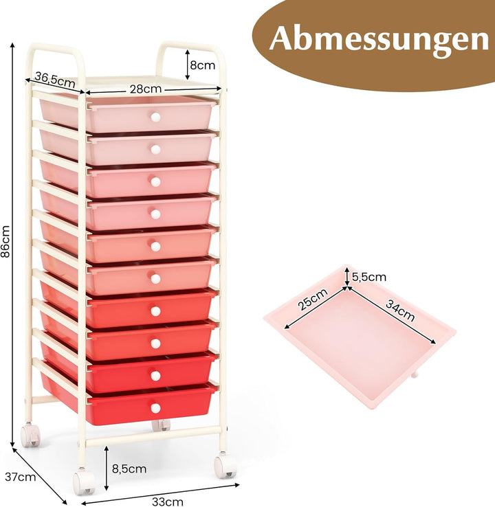 COSTWAY Rollwagen mit Schubladen Rollcontainer Badrollwagen Badtrolley Badregal Beistellwagen mit 10